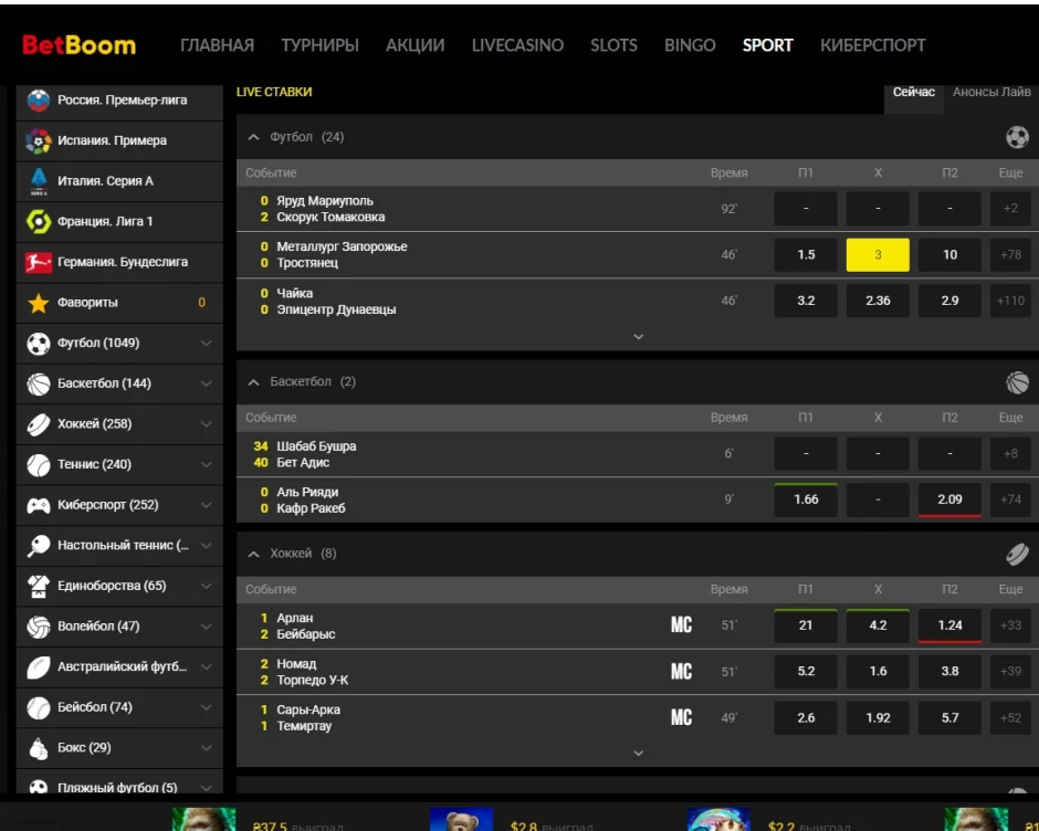 Линия, роспись и коэффициенты Bet Boom