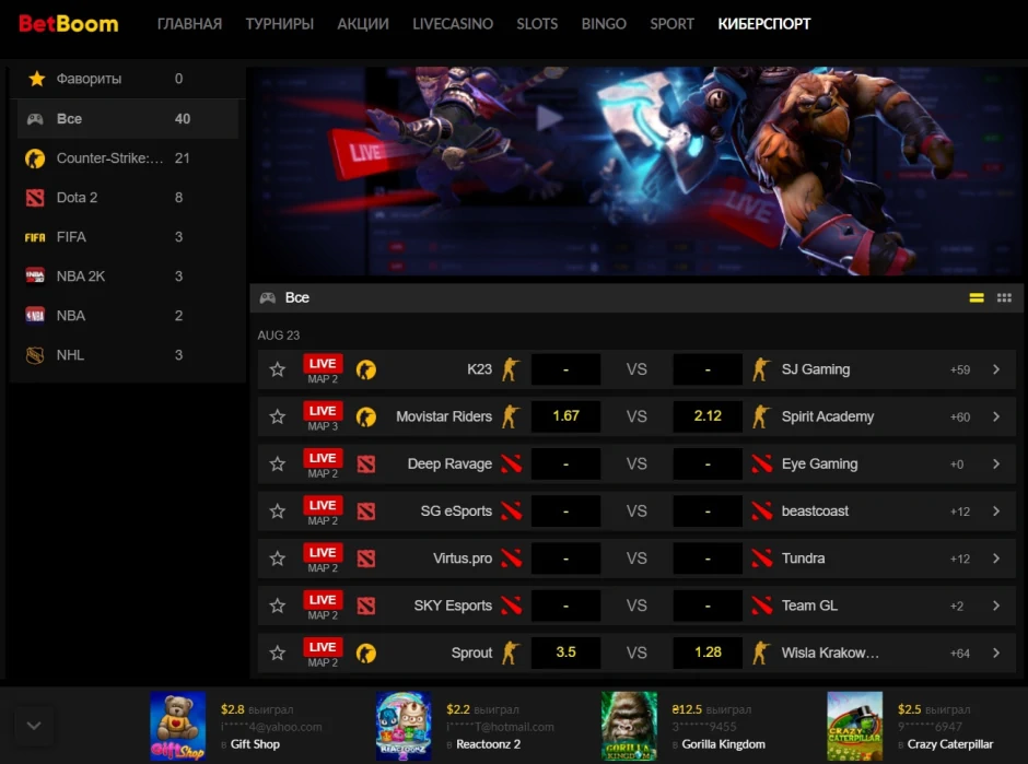 Линия, роспись и коэффициенты Bet Boom