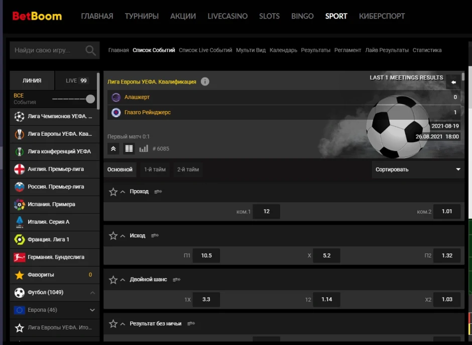 Линия, роспись и коэффициенты Bet Boom