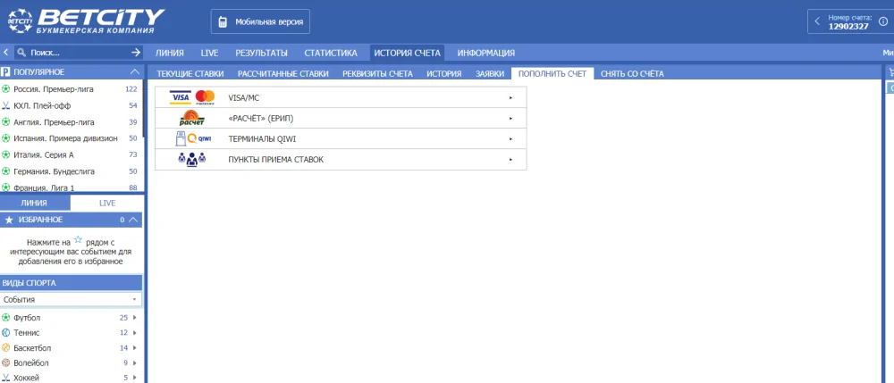 Пополнение счета и вывод денег в Bet City